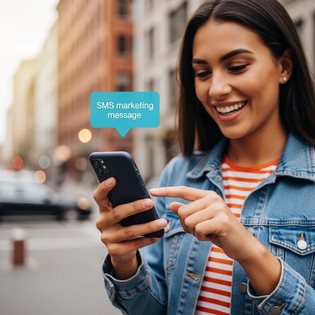 Person receiving an SMS marketing message on a smartphone in a lively urban setting