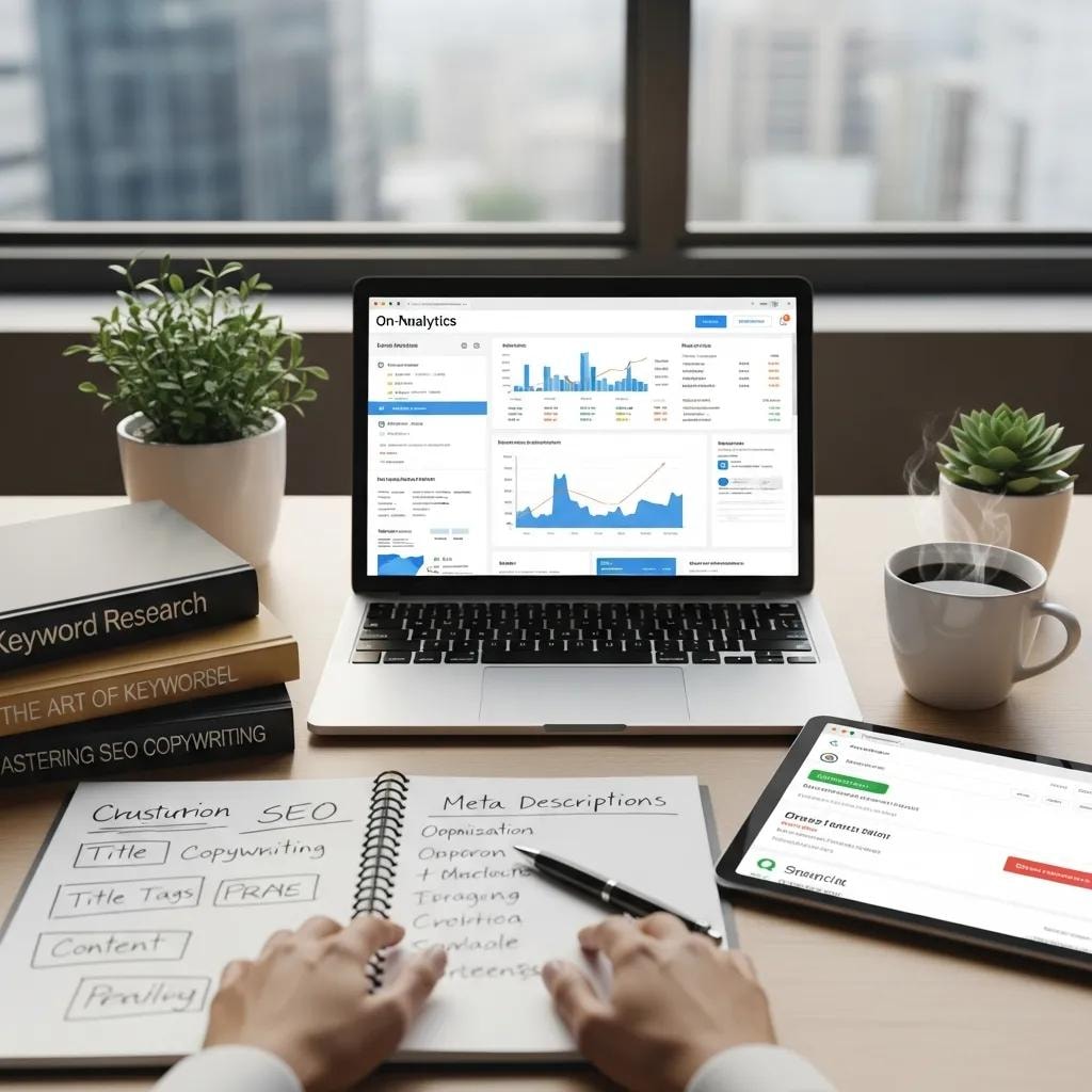 On-page SEO optimization workspace with laptop and SEO tools