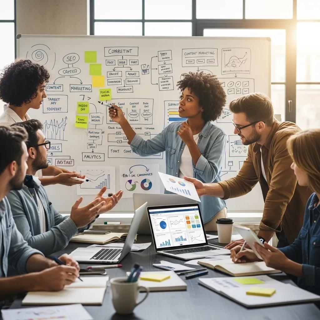 Diverse professionals collaborating on a marketing strategy with a whiteboard and laptops
