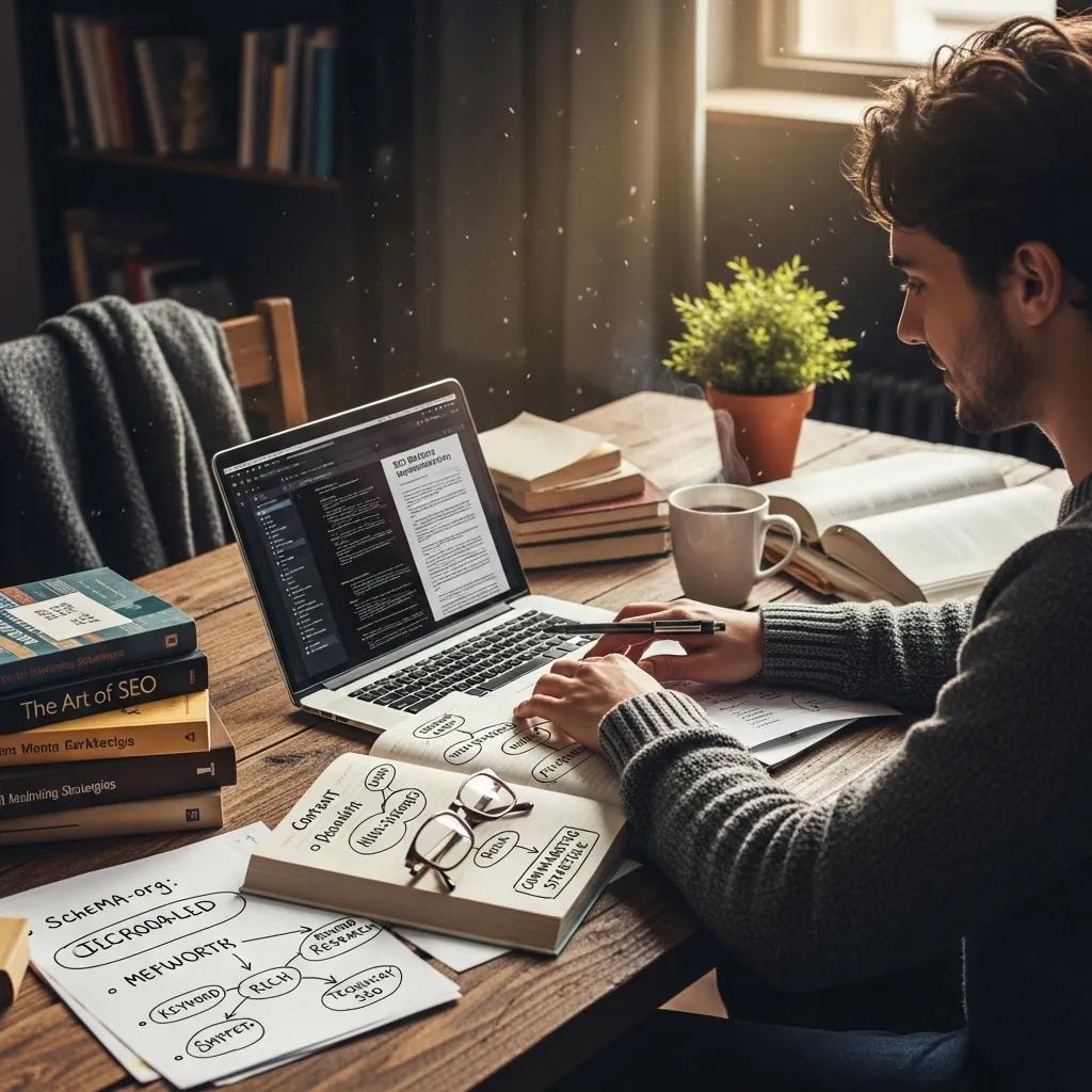 Person studying SEO and schema markup with a laptop and books in a cozy workspace
