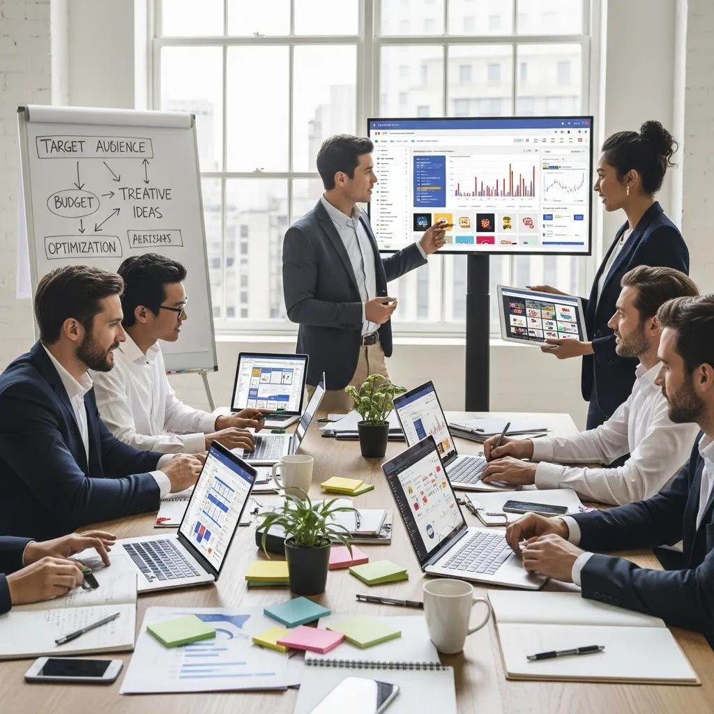 Diverse professionals collaborating on a Facebook ad campaign in a modern workspace