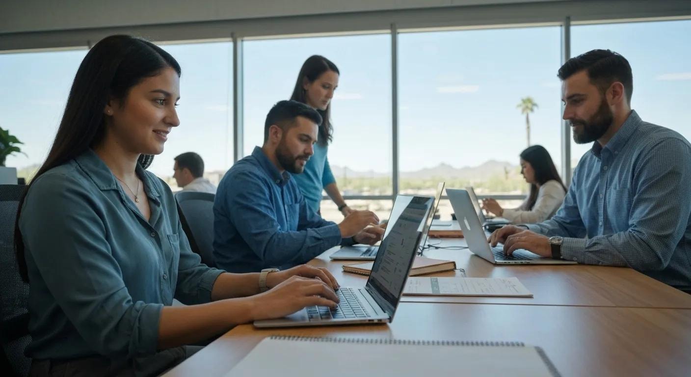 Arizona professionals collaborating on marketing automation strategies in a modern office