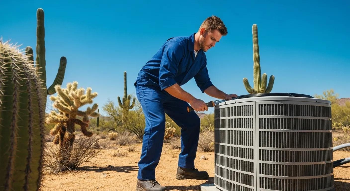 HVAC technician servicing an air conditioning unit in Arizona's sunny landscape