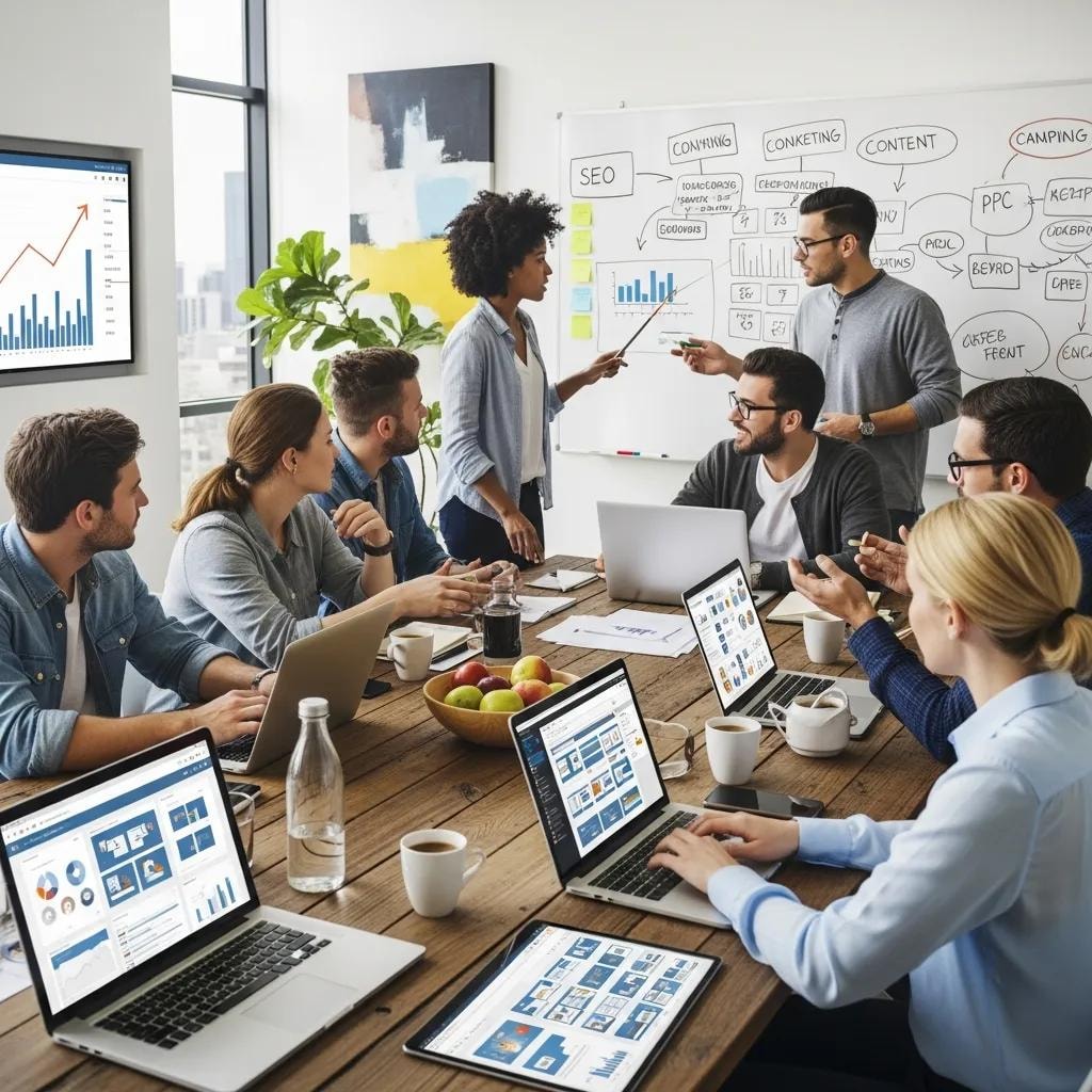 Diverse professionals collaborating on digital marketing strategies in a modern office