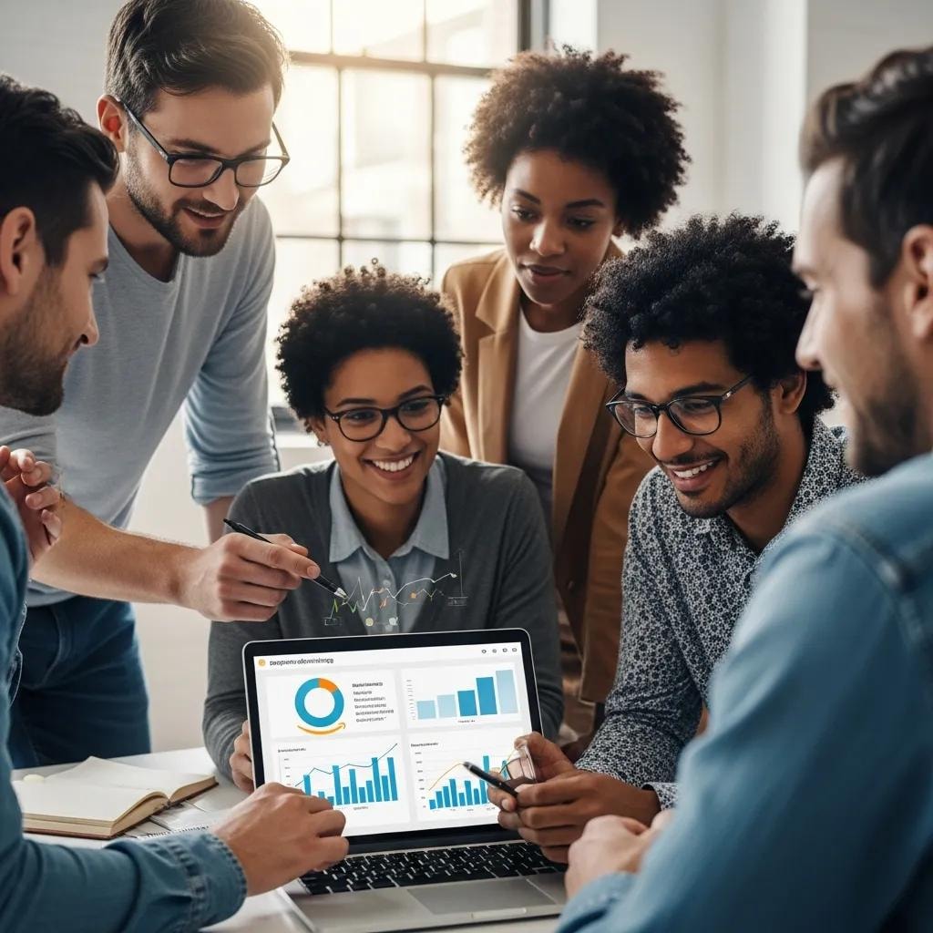 Diverse team collaborating on Amazon advertising strategies around a laptop in a modern office