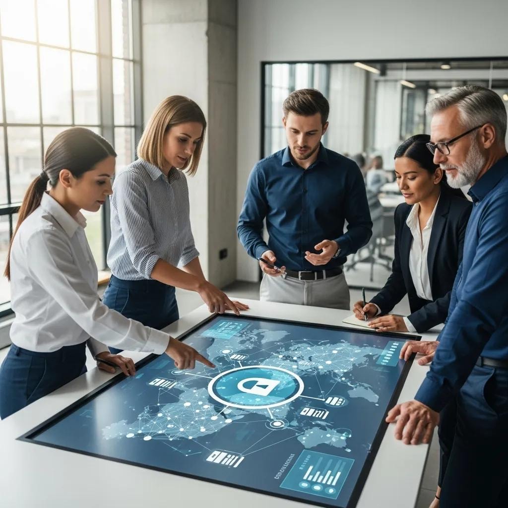 Business professionals collaborating on data protection strategies in a modern office