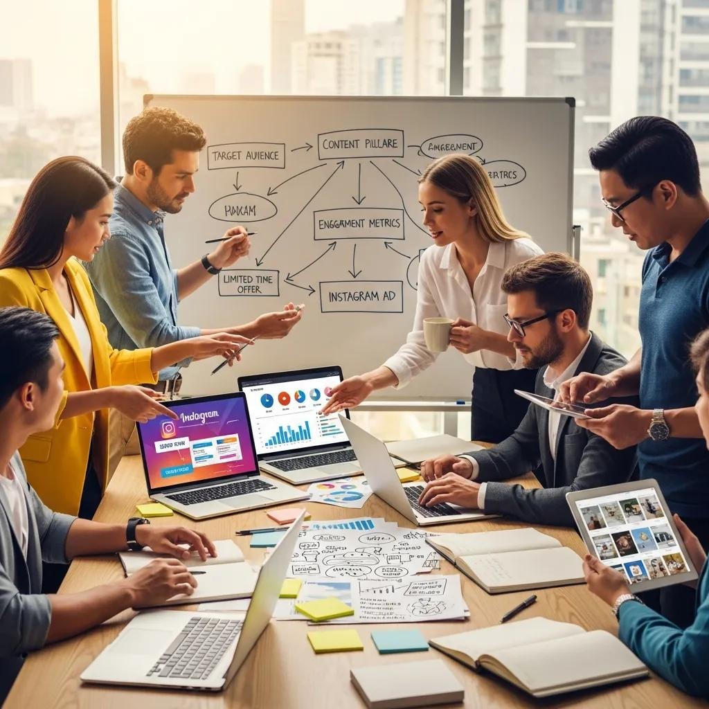 Diverse professionals collaborating on Instagram ad strategies in a modern workspace