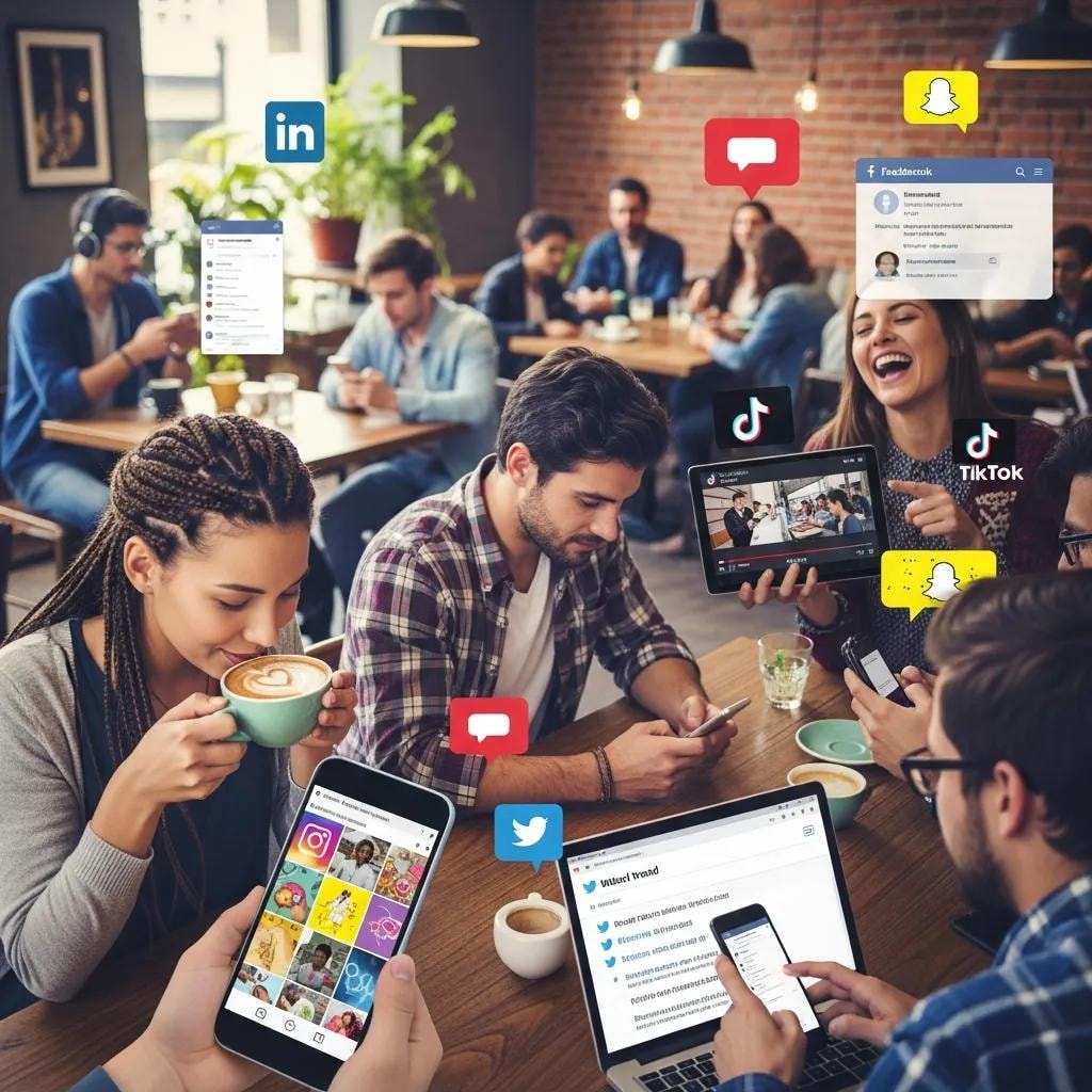 Diverse individuals engaging with social media platforms on devices, representing social media marketing trends