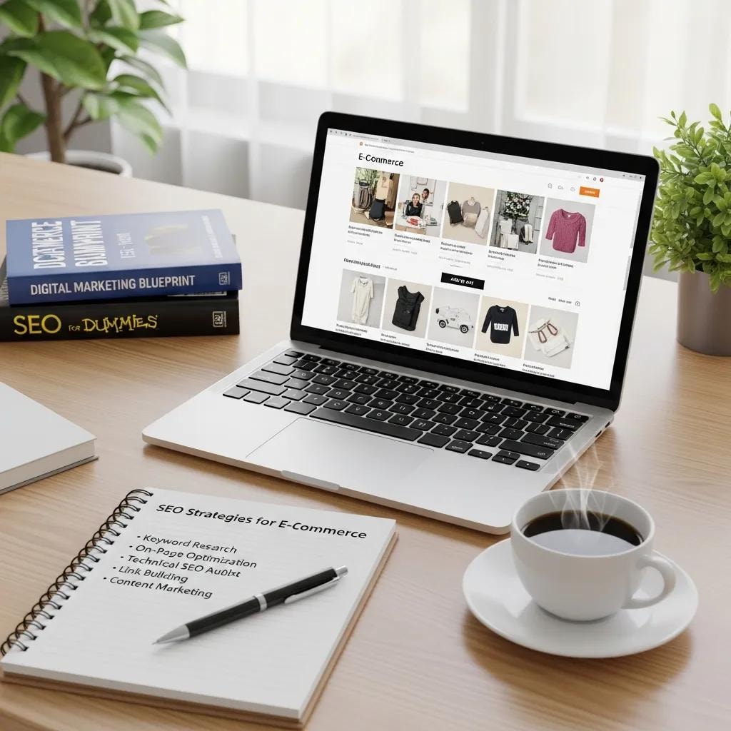 E-commerce workspace with laptop, notepad, and coffee, representing online store optimization