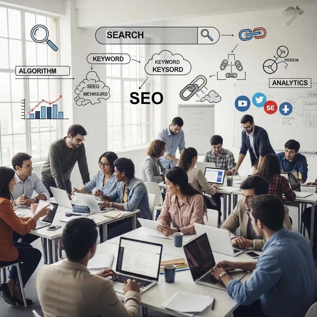 Group of educators and students collaborating on SEO tools in a modern classroom