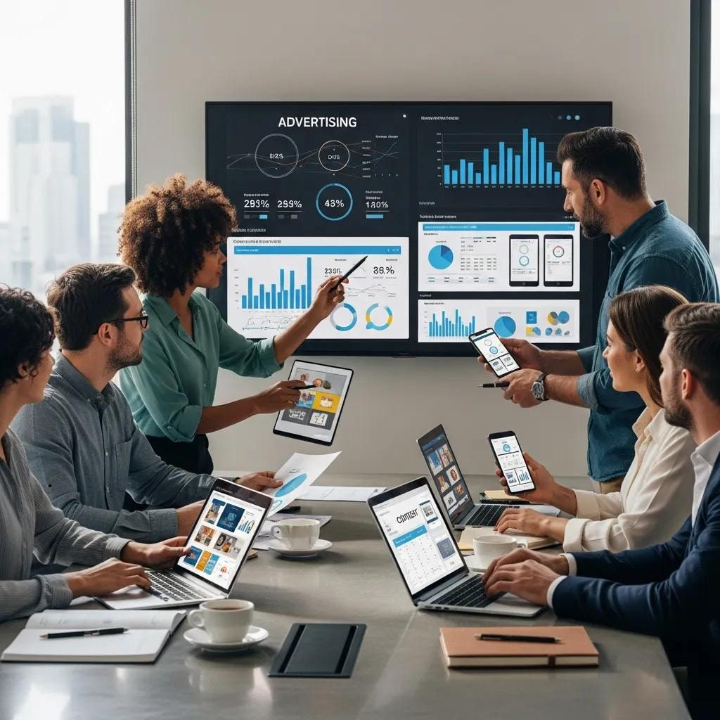 Diverse professionals collaborating on digital advertising strategies in a modern workspace