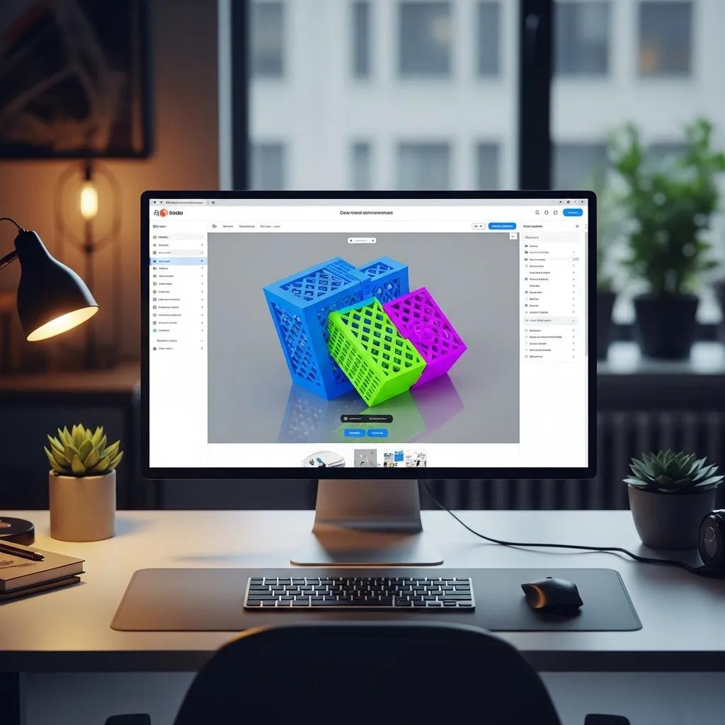 Interactive 3D web design interface with a computer screen displaying a 3D model