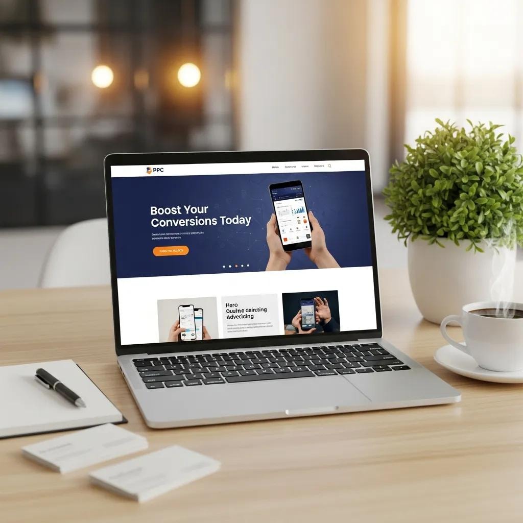 Modern digital workspace with a laptop showing a PPC landing page, enhancing the theme of landing page optimization