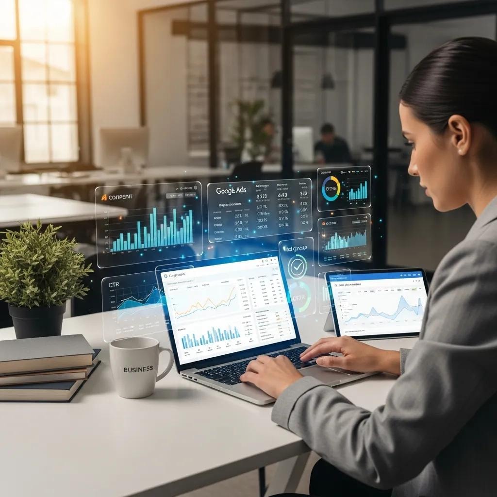 Digital marketing professional analyzing Google Ads data in a modern office