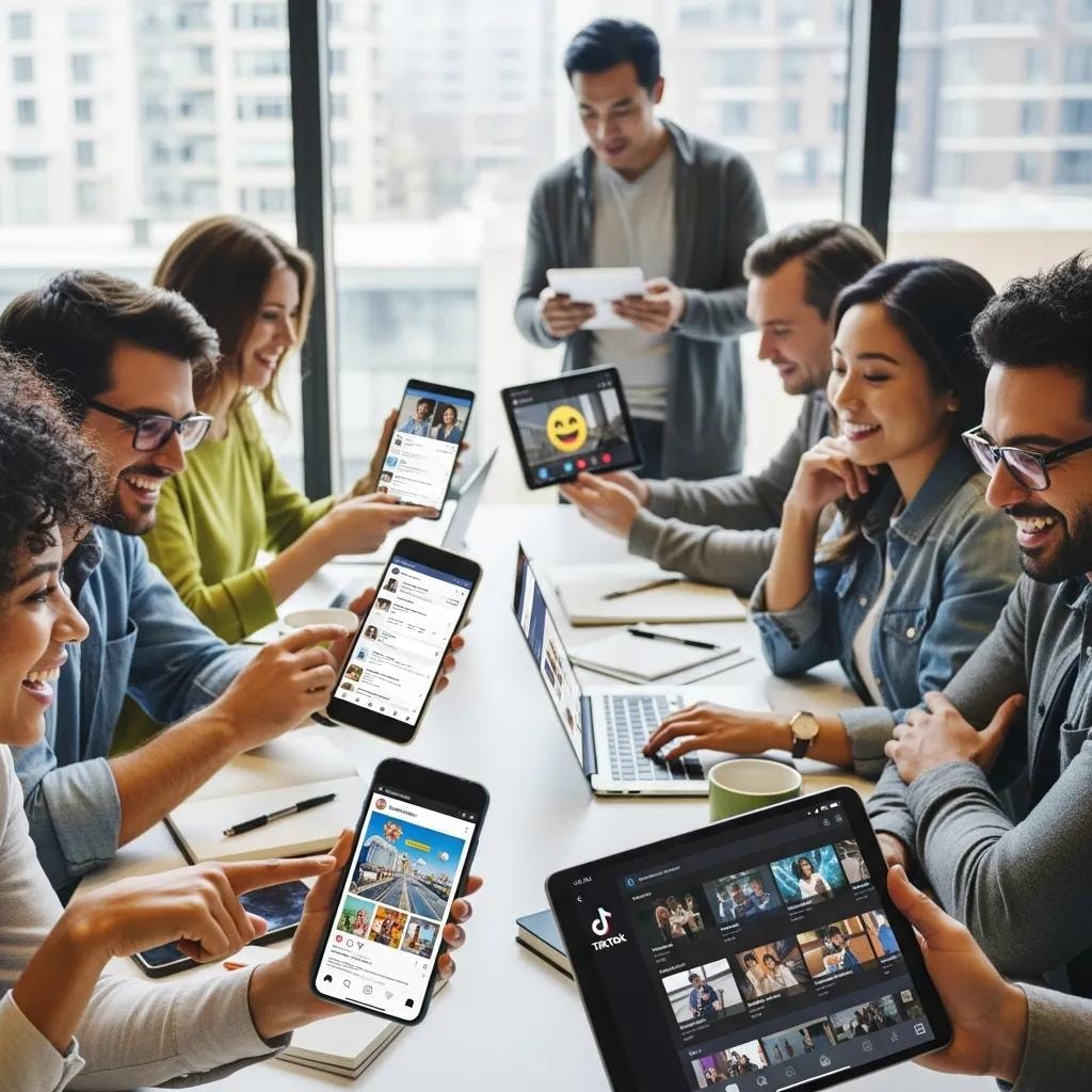 Diverse group of people engaging with social media on devices, showcasing community interaction