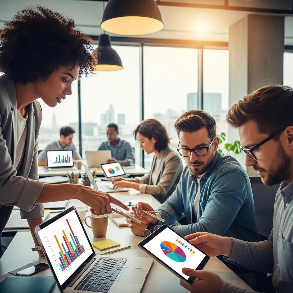 Professionals collaborating on marketing data analysis in a modern office