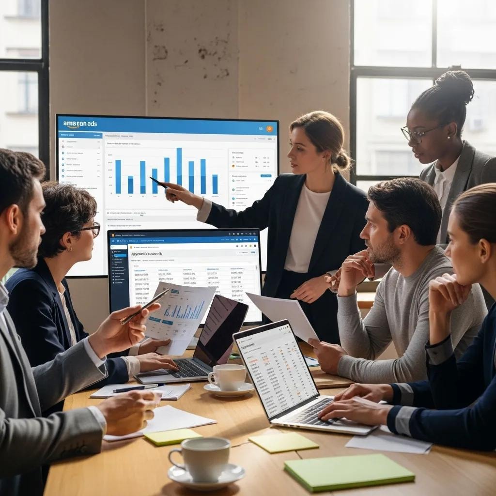 Diverse professionals collaborating on Amazon Ads management strategies in a modern office