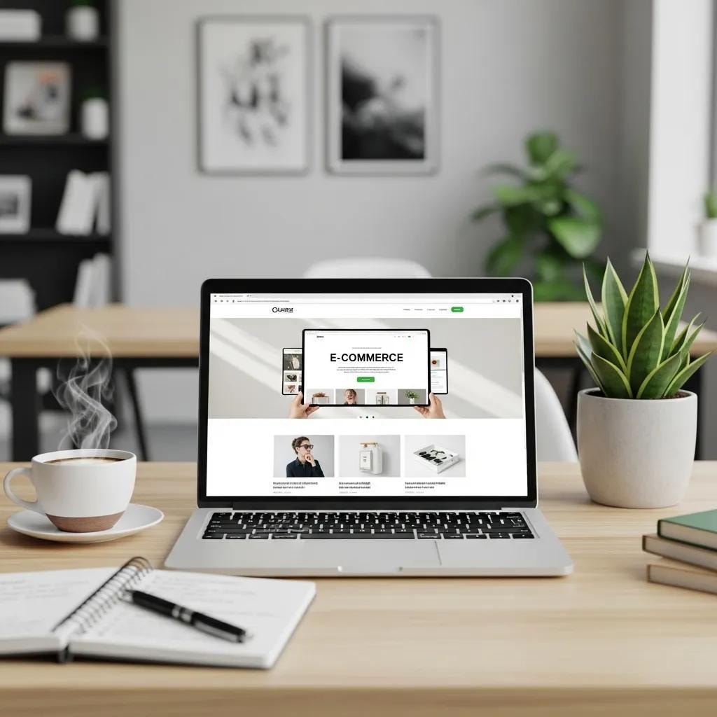 Modern workspace with a laptop showing responsive web design, coffee cup, and plants