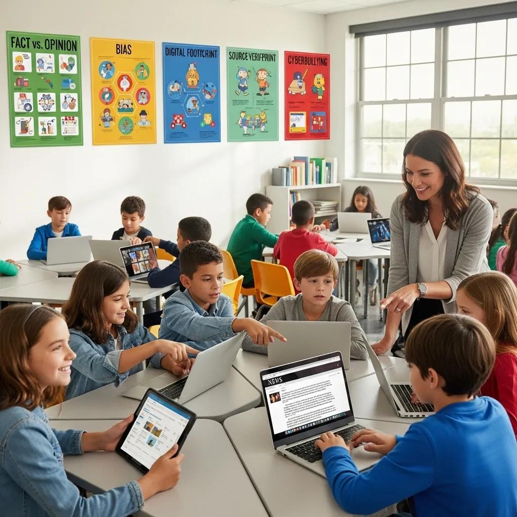 Students actively participating in media literacy education, analyzing media with guidance from a teacher
