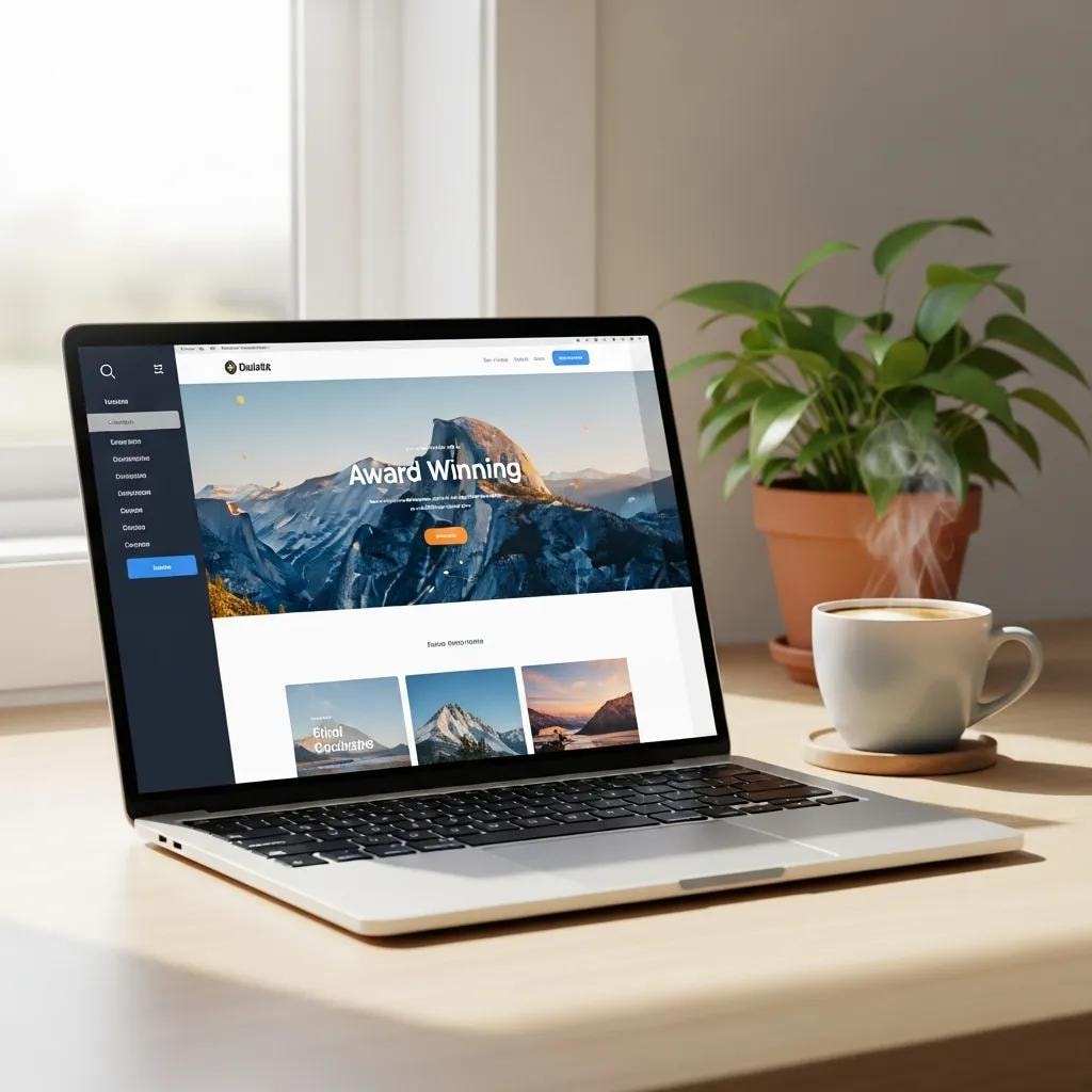 Modern website design displayed on a laptop in a stylish workspace, emphasizing creativity and innovation