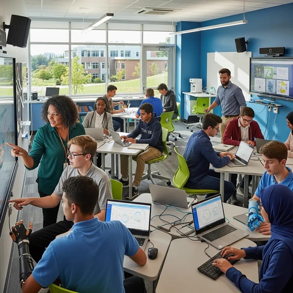 Educators and students using technology in a collaborative classroom environment