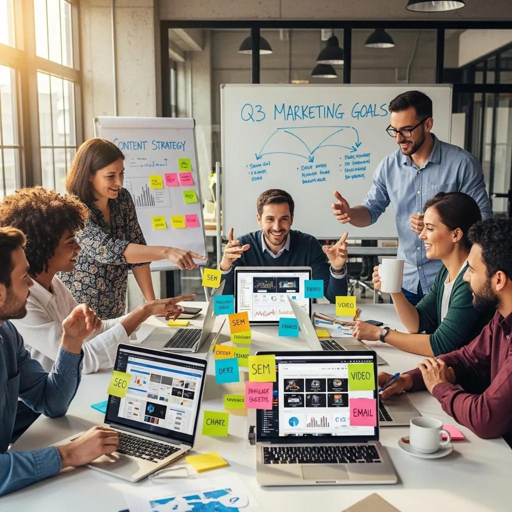 Diverse professionals collaborating on digital marketing strategies in a modern office
