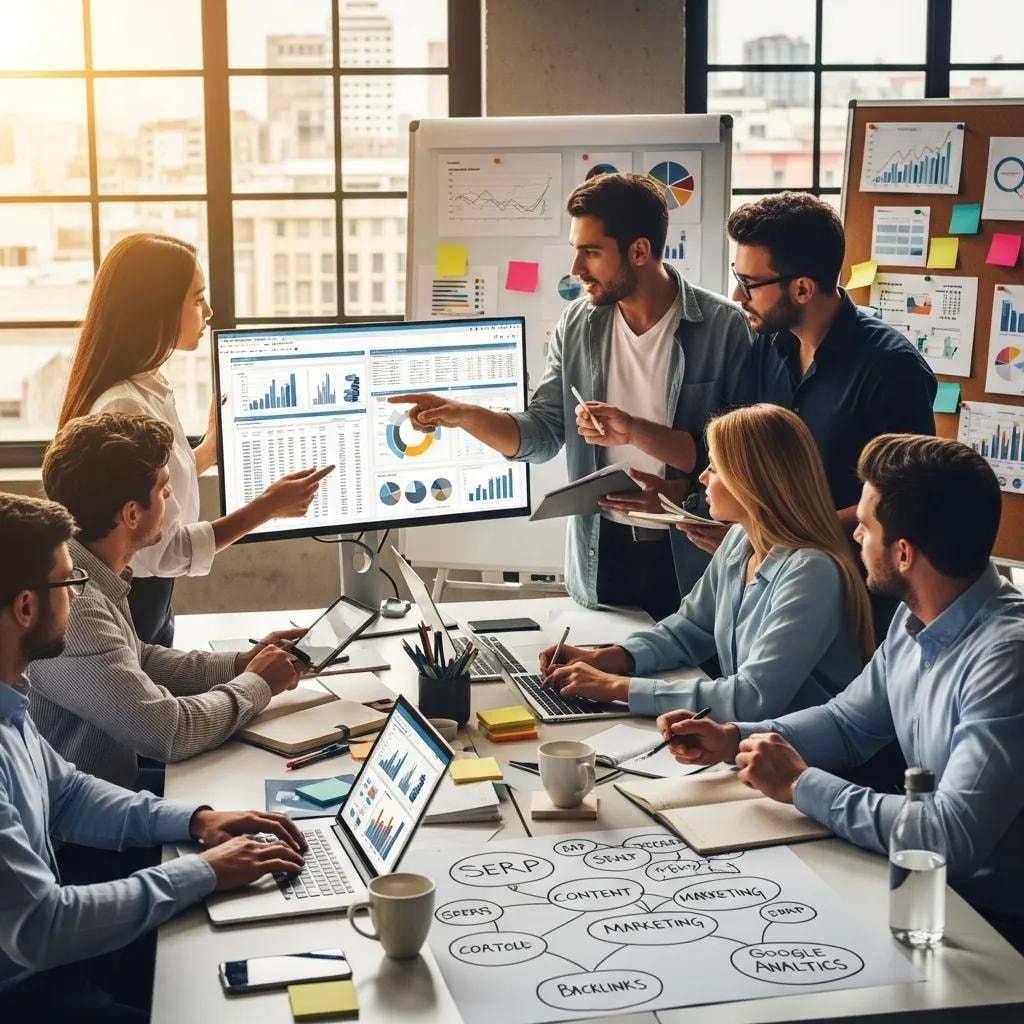 Diverse professionals collaborating on SEO and digital marketing strategies in a modern office