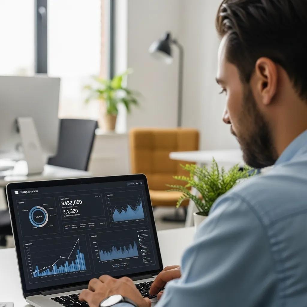 Professional analyzing website performance metrics in a modern office setting