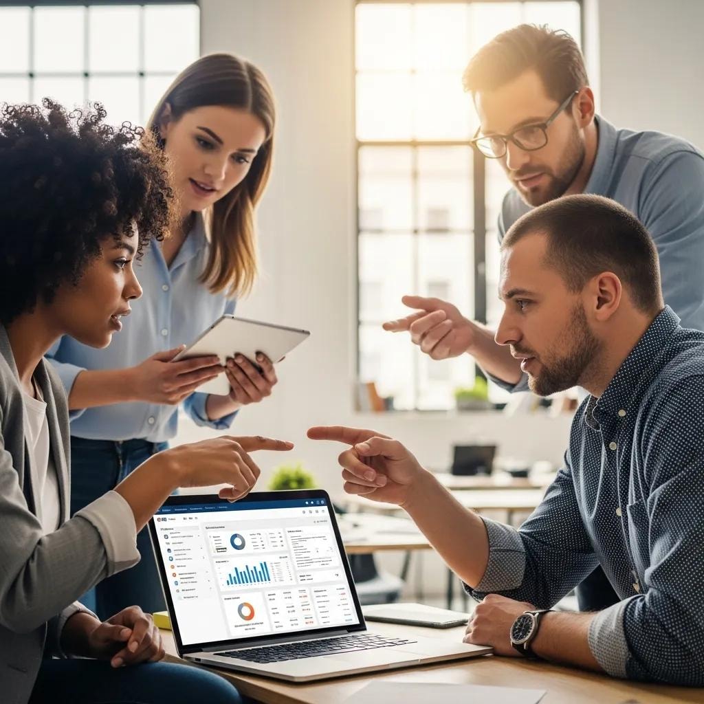 Team collaborating on CRM software in a modern office setting