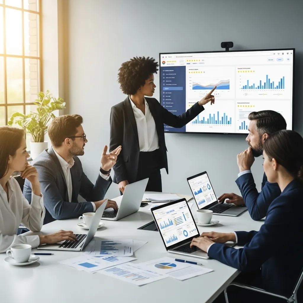Professionals analyzing online reviews in a modern office, showcasing collaboration and critical thinking