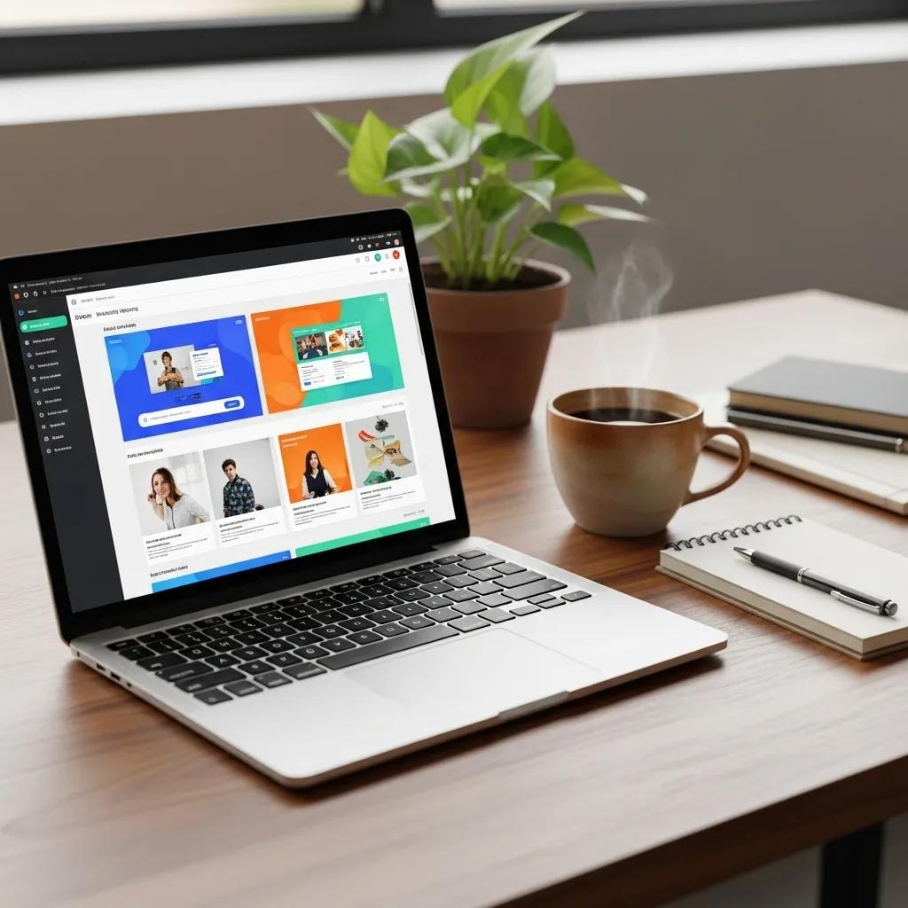 Modern workspace with laptop displaying email marketing dashboard, coffee cup, and notepad