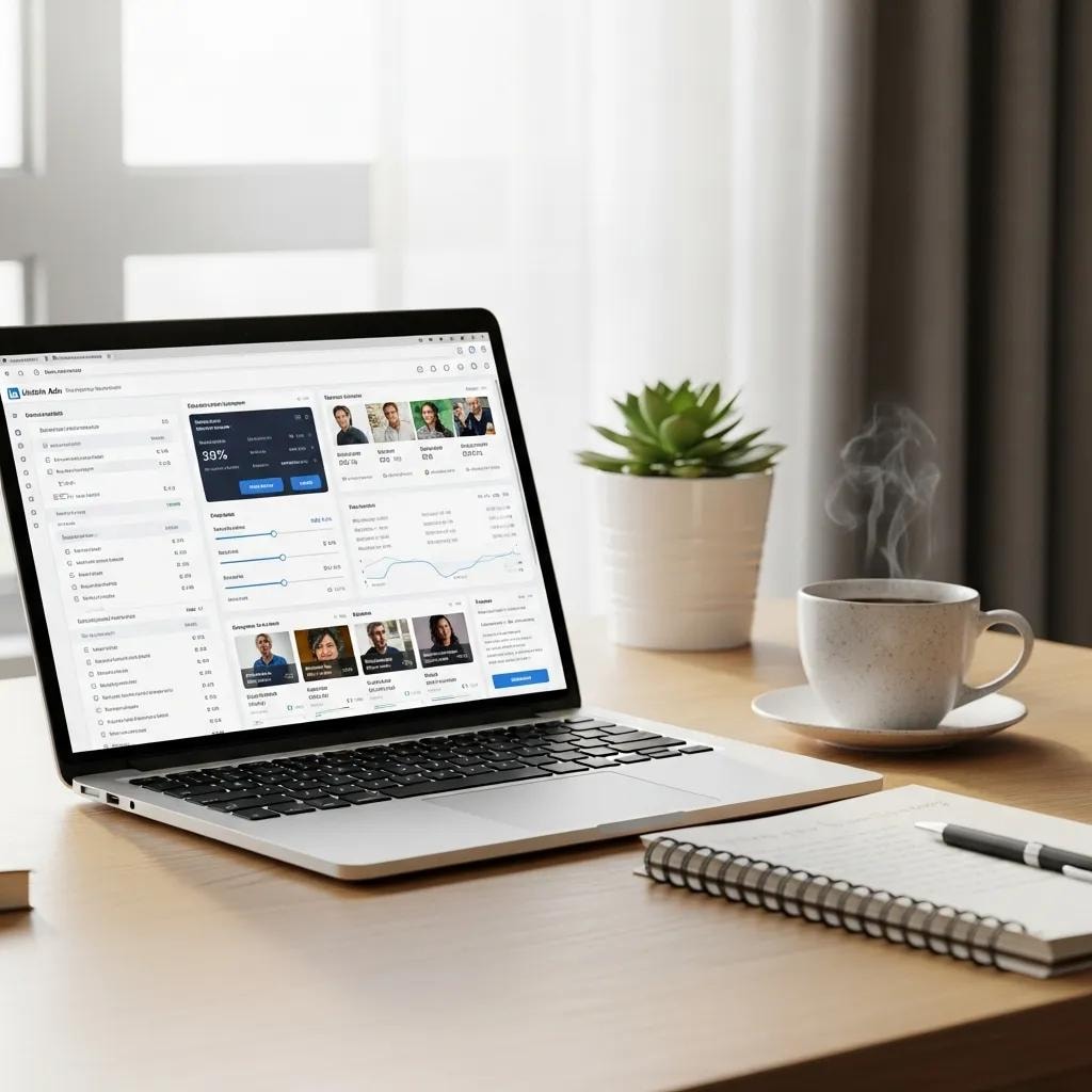 Professional workspace with laptop showing LinkedIn Ads management tools, emphasizing productivity and focus