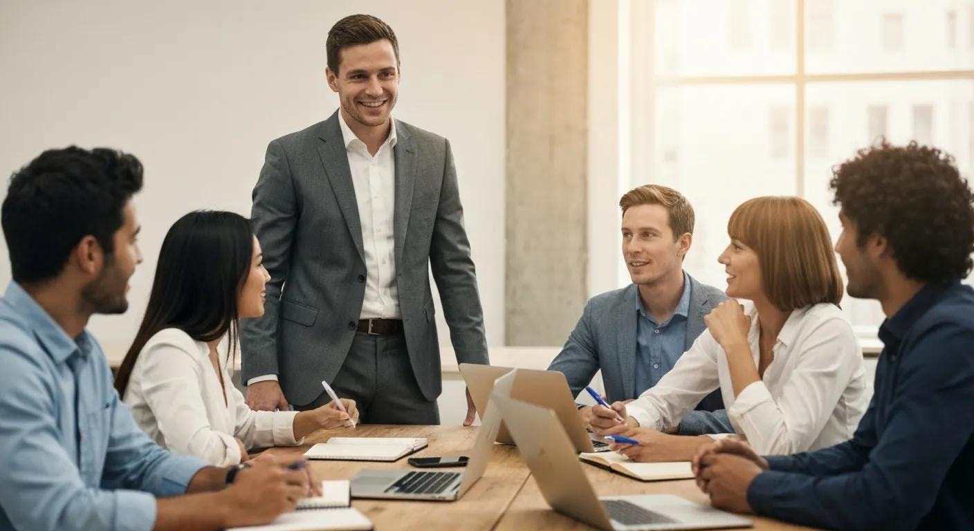 Consultant discussing local SEO strategies with a client in a modern office
