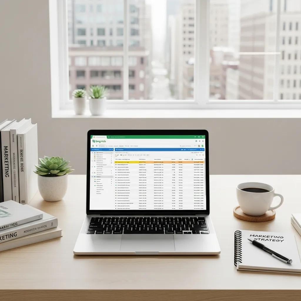 Digital marketing workspace with Bing Ads management software on a laptop, emphasizing professional advertising solutions