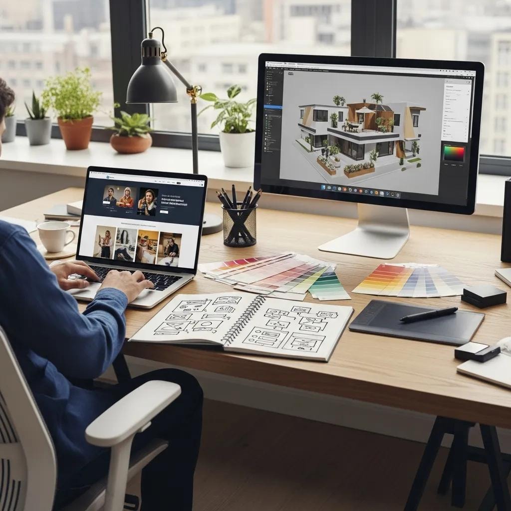 Designer in a modern workspace creating a website design, highlighting creativity and technology