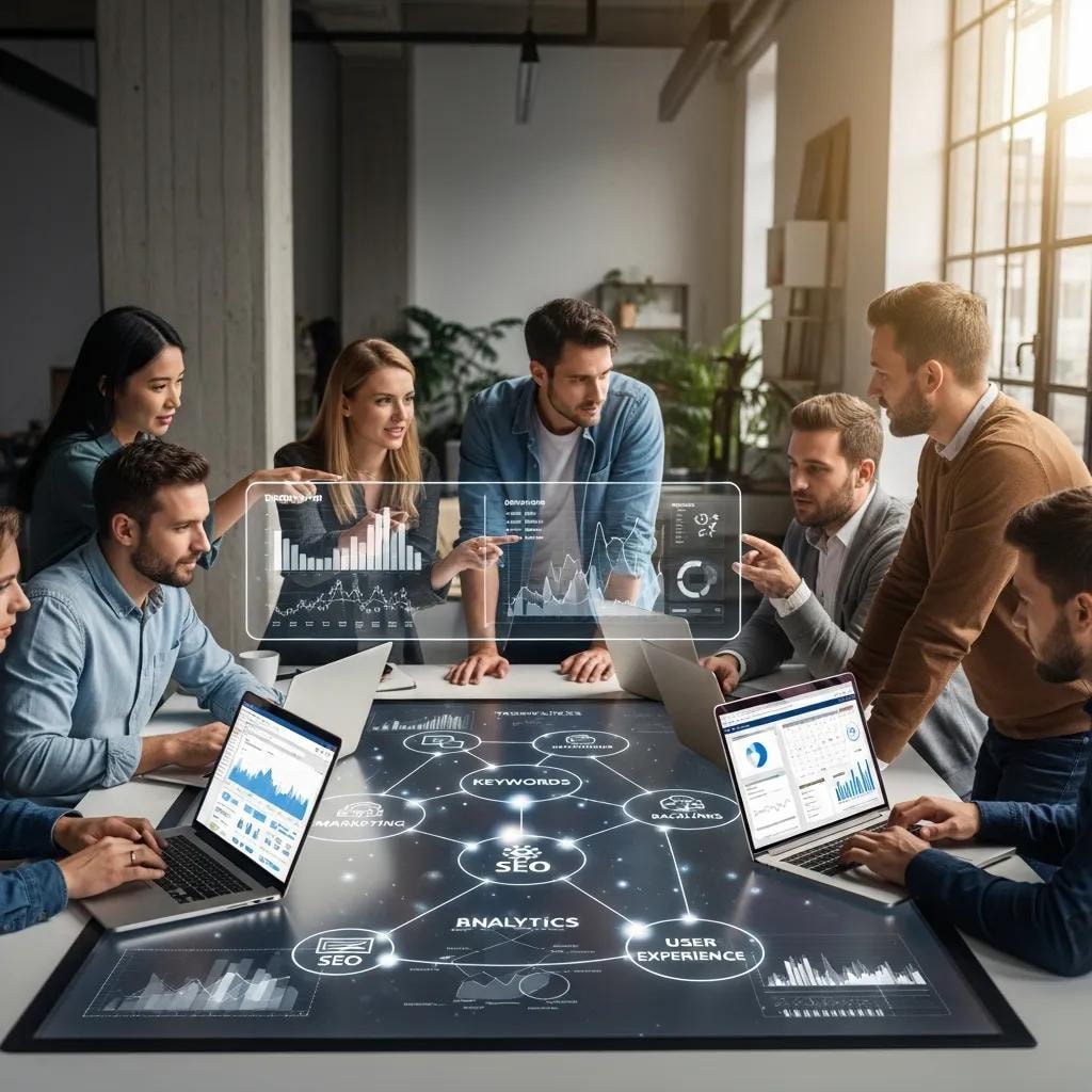Diverse professionals collaborating on an SEO strategy in a modern office setting
