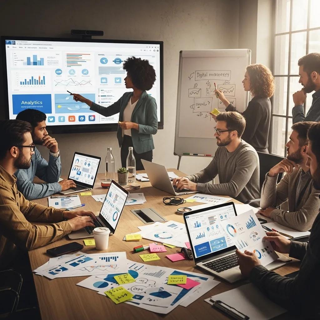 Diverse professionals collaborating on a marketing plan with laptops and charts