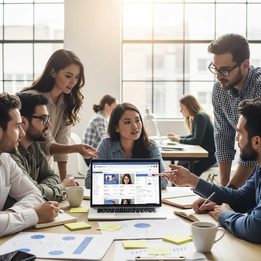 Diverse team collaborating on Facebook advertising strategies in a modern office
