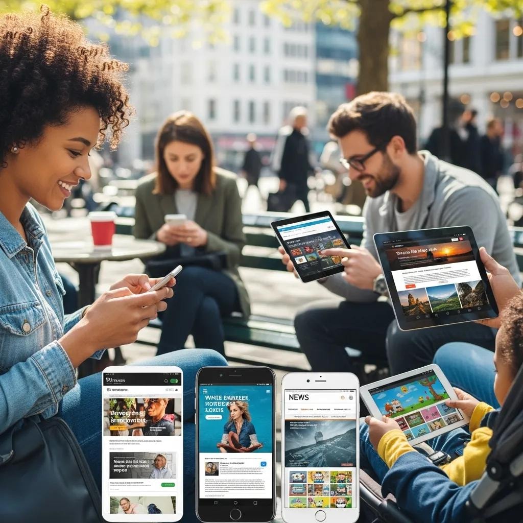 People using mobile devices in an urban environment, highlighting mobile-friendly website design