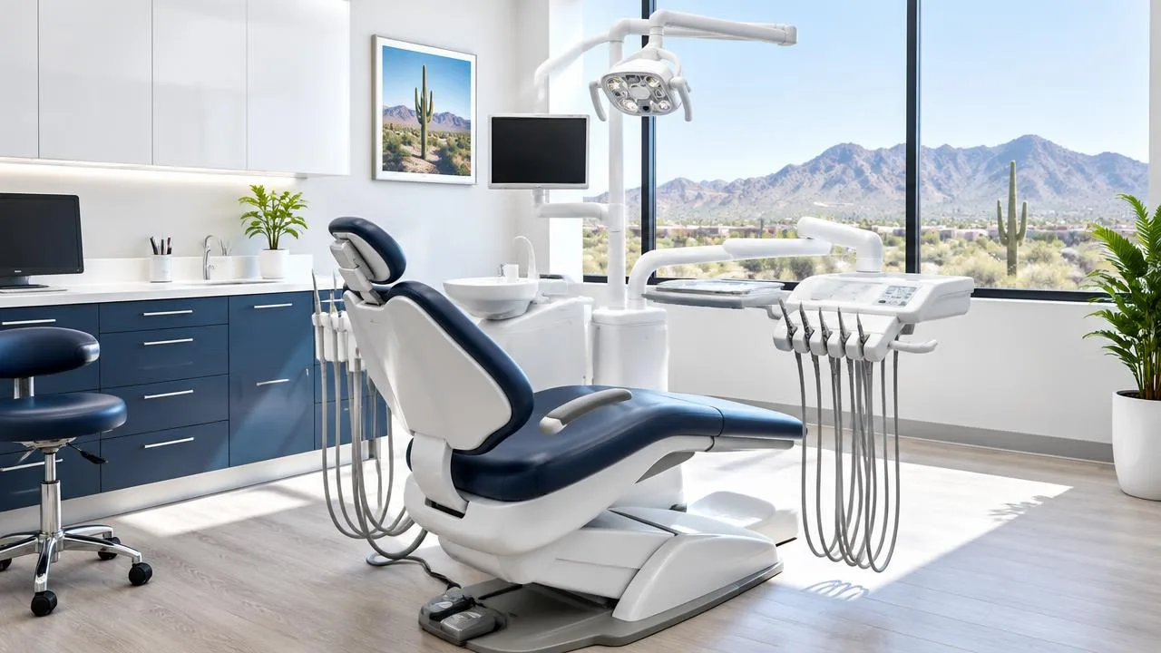 Bright modern dental treatment room with a navy dental chair and Phoenix mountain views
