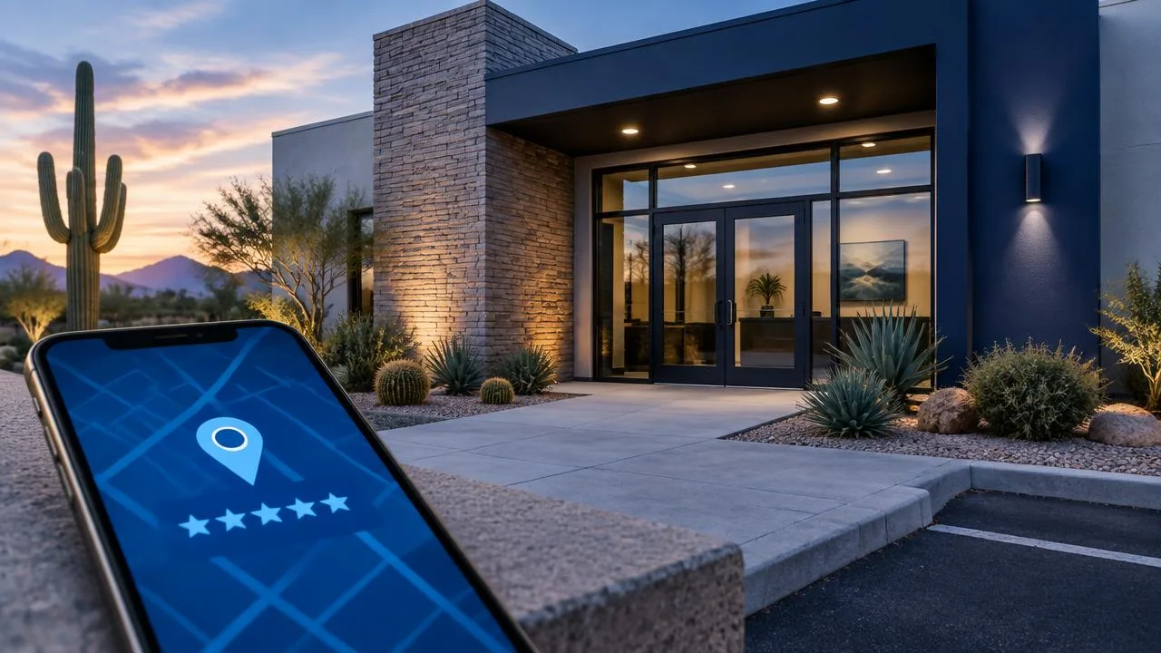 Modern Arizona law office entrance at dusk with a phone showing a map pin and star rating