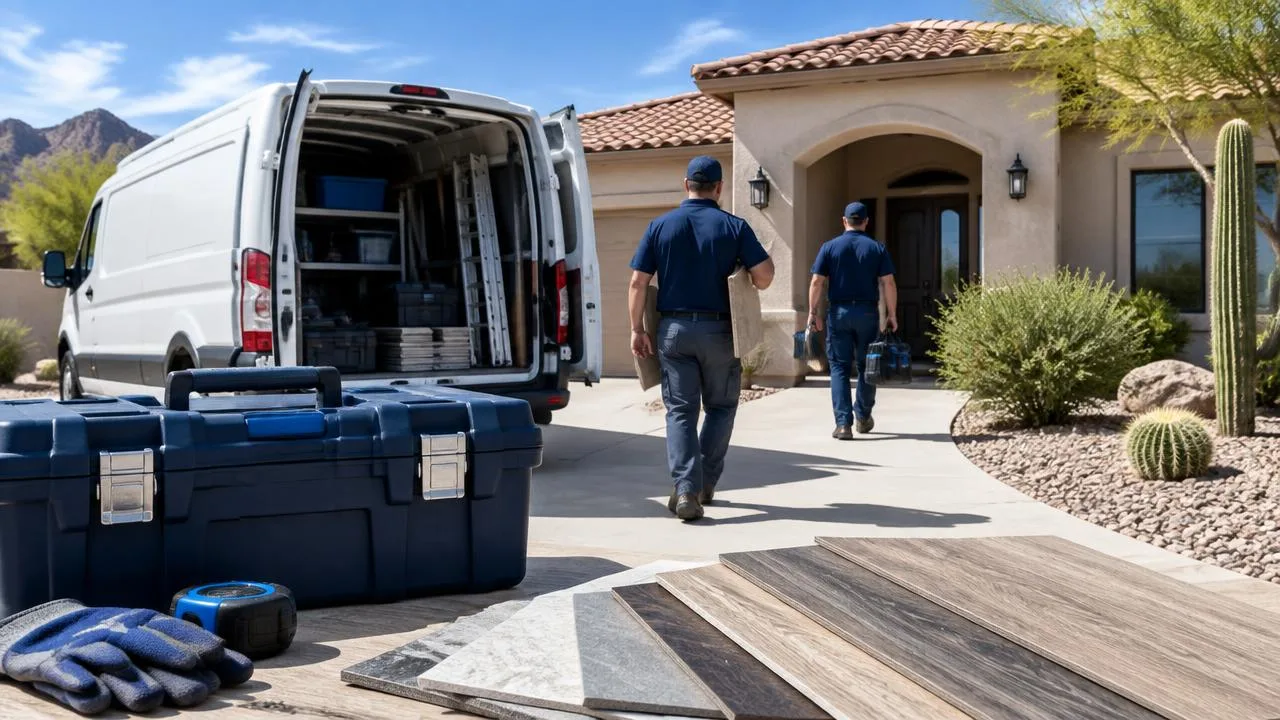 Home service crew walking to an Arizona stucco home past a work van, toolbox and flooring samples