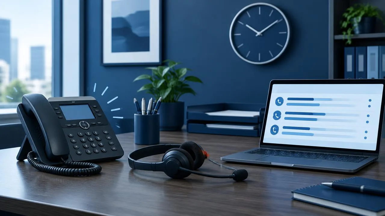 Law firm intake desk with an office phone, headset, wall clock and a laptop showing a call log