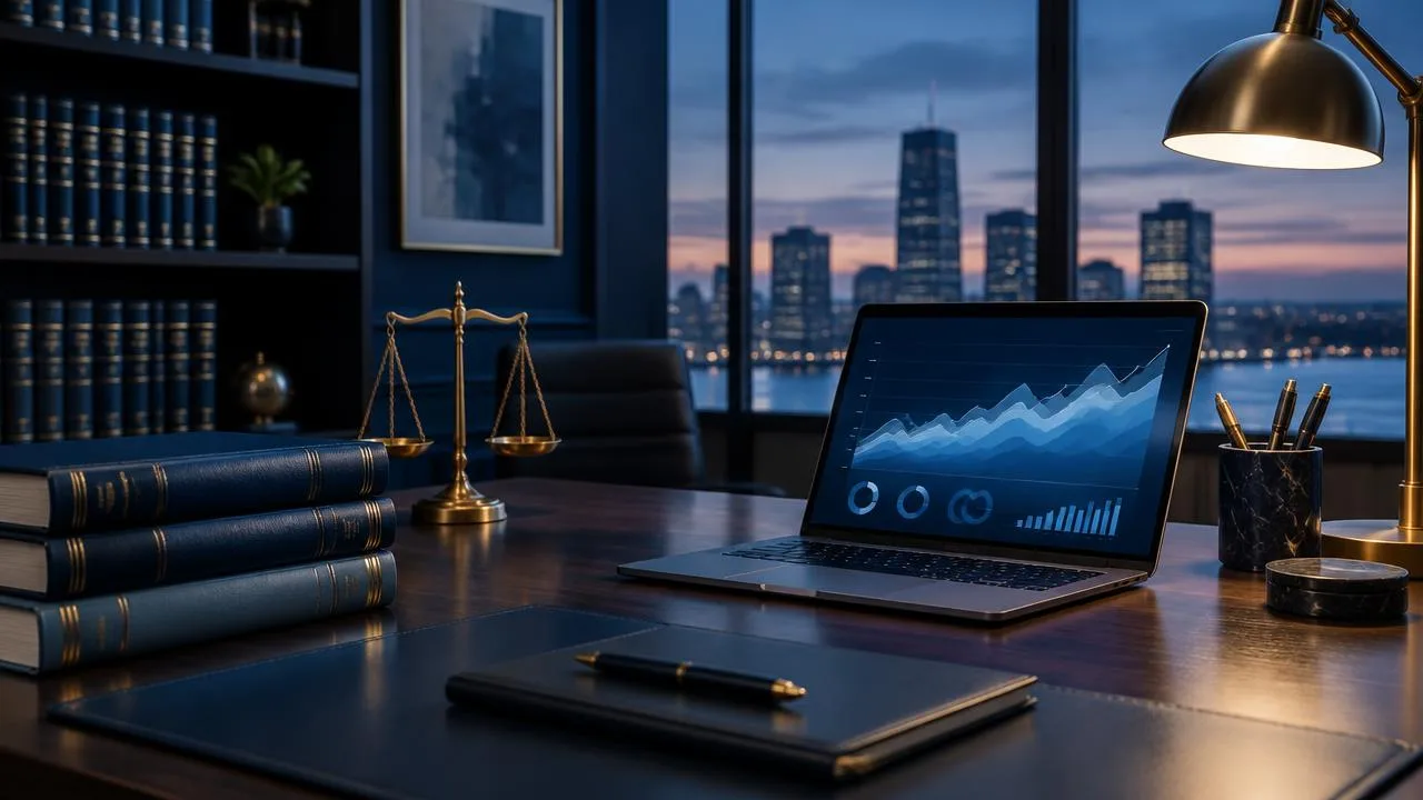 Law office desk at dusk with legal books, brass scales and a laptop showing a marketing performance chart
