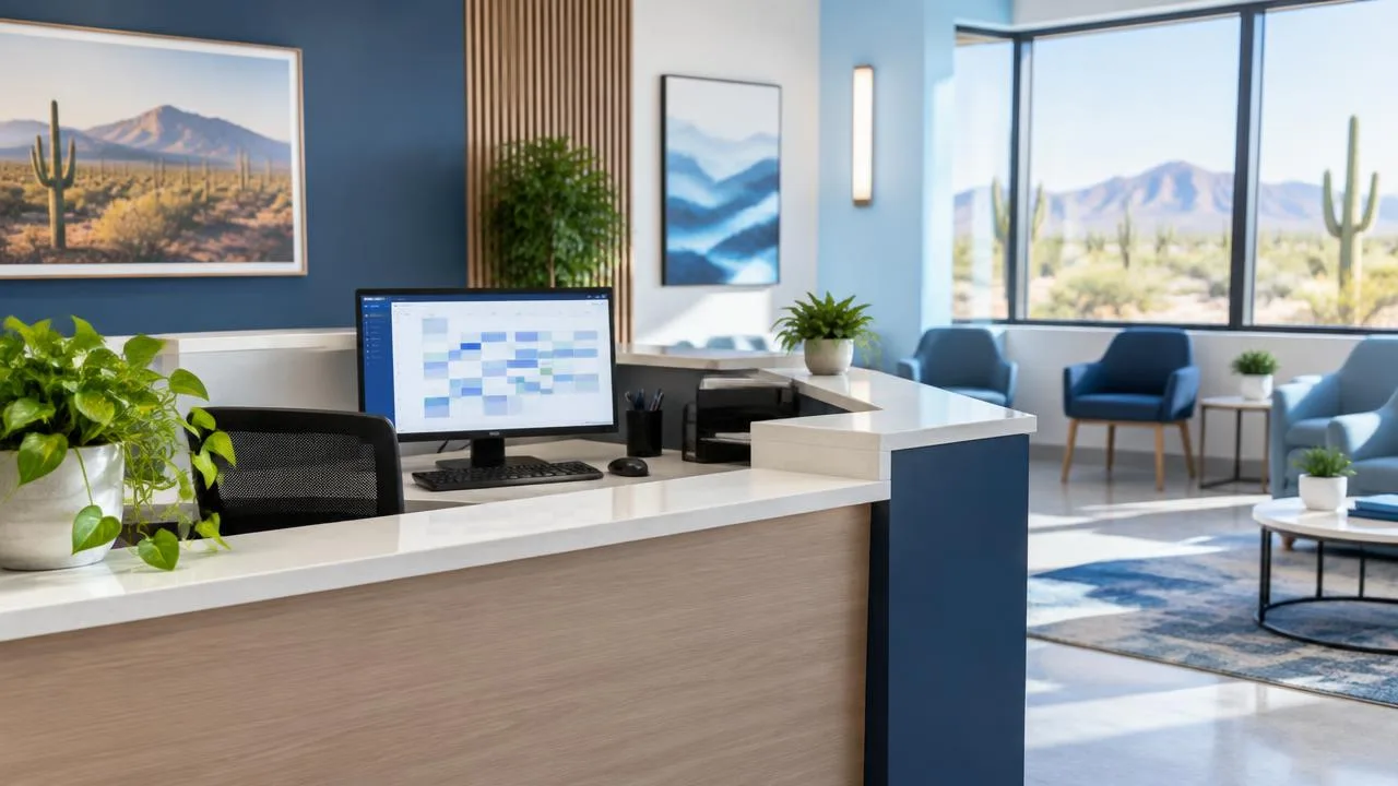 Bright medical practice reception desk with an appointment calendar on screen and desert views