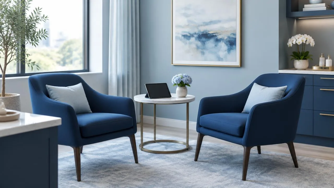 Calm plastic surgery consultation room with two navy armchairs and a tablet on a side table