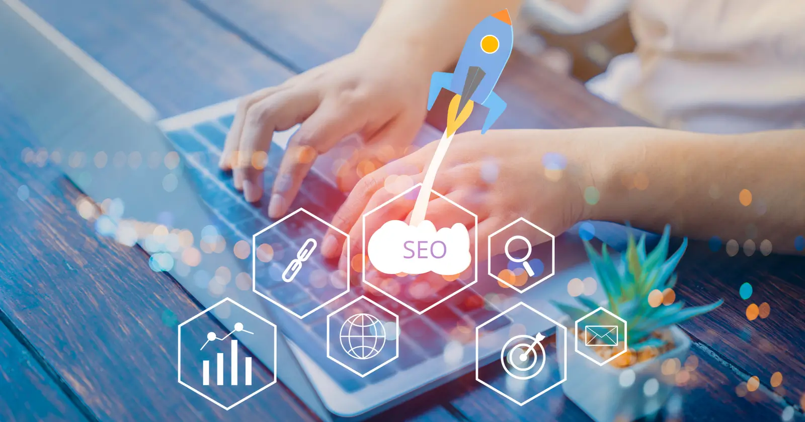 Person typing on a laptop with SEO icons and graphics, illustrating digital marketing strategies for improving website visibility and ranking higher in Google searches.