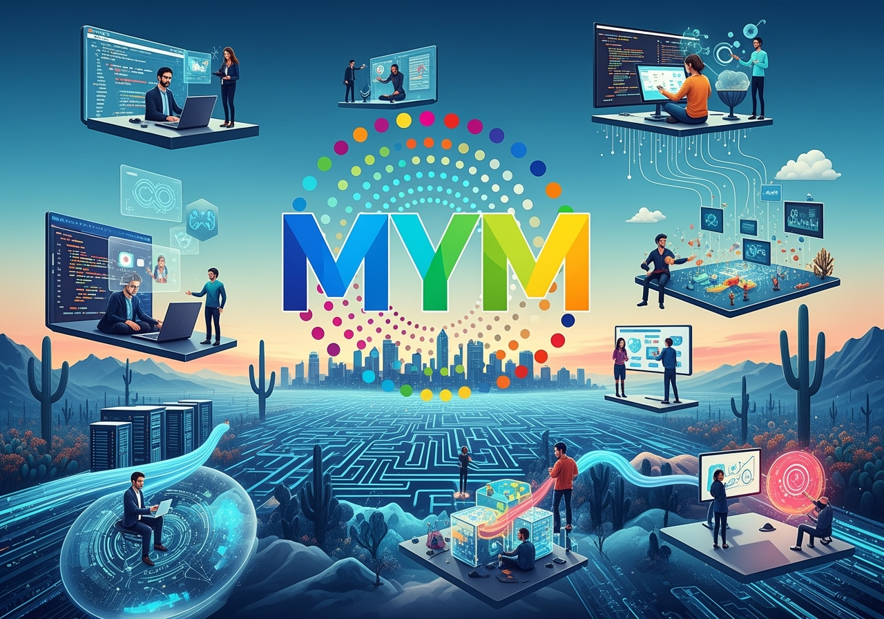 Digital marketing illustration for Minding Your Media, featuring diverse tech professionals engaging with digital interfaces, coding, and data visualization, surrounded by a vibrant cityscape and cacti, symbolizing Arizona's tech and SaaS marketing services.