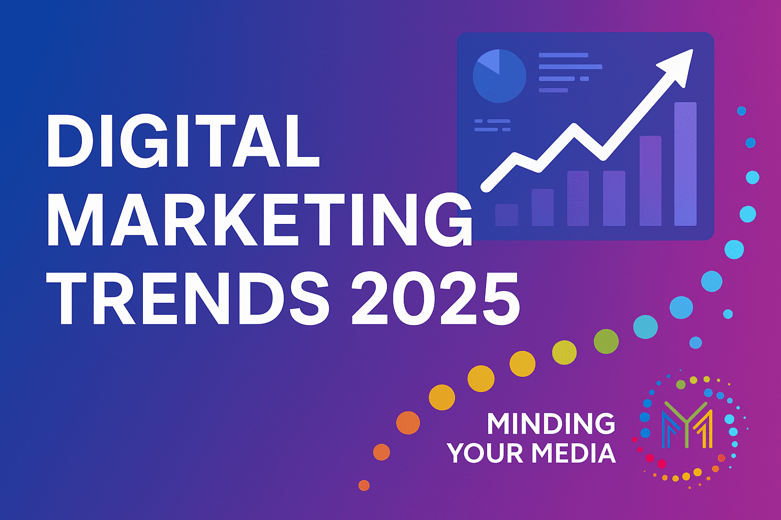 Digital marketing trends 2025 graphic featuring upward trend chart and Minding Your Media logo, emphasizing the agency's role in navigating evolving marketing strategies.