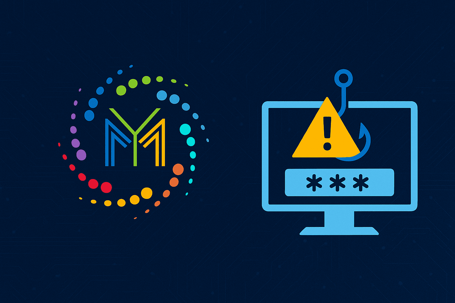 Minding Your Media logo alongside a computer screen displaying a phishing alert, emphasizing cybersecurity services for businesses.